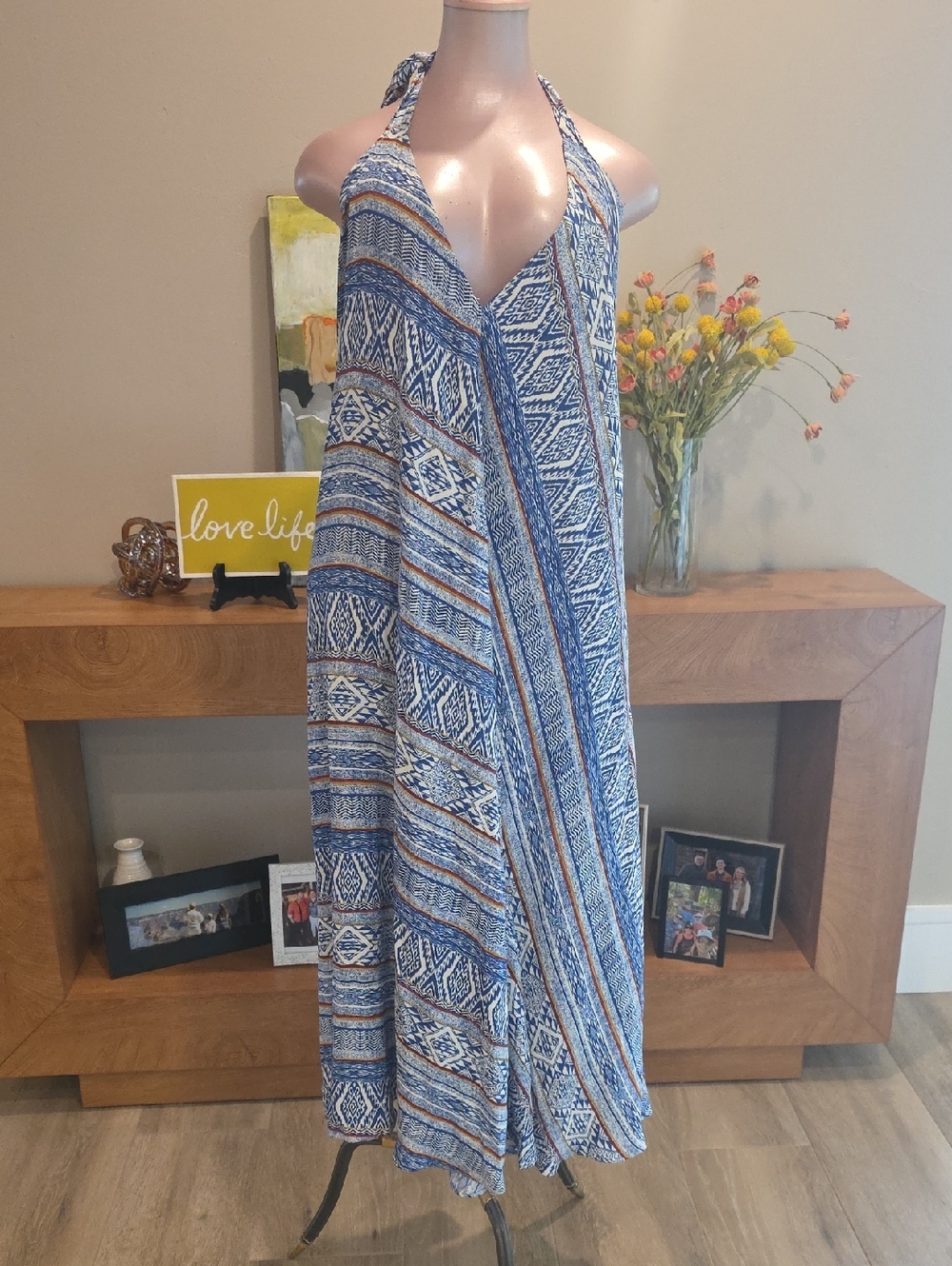 Lush Blue and White Halter Maxi Dress Flowy Summer
